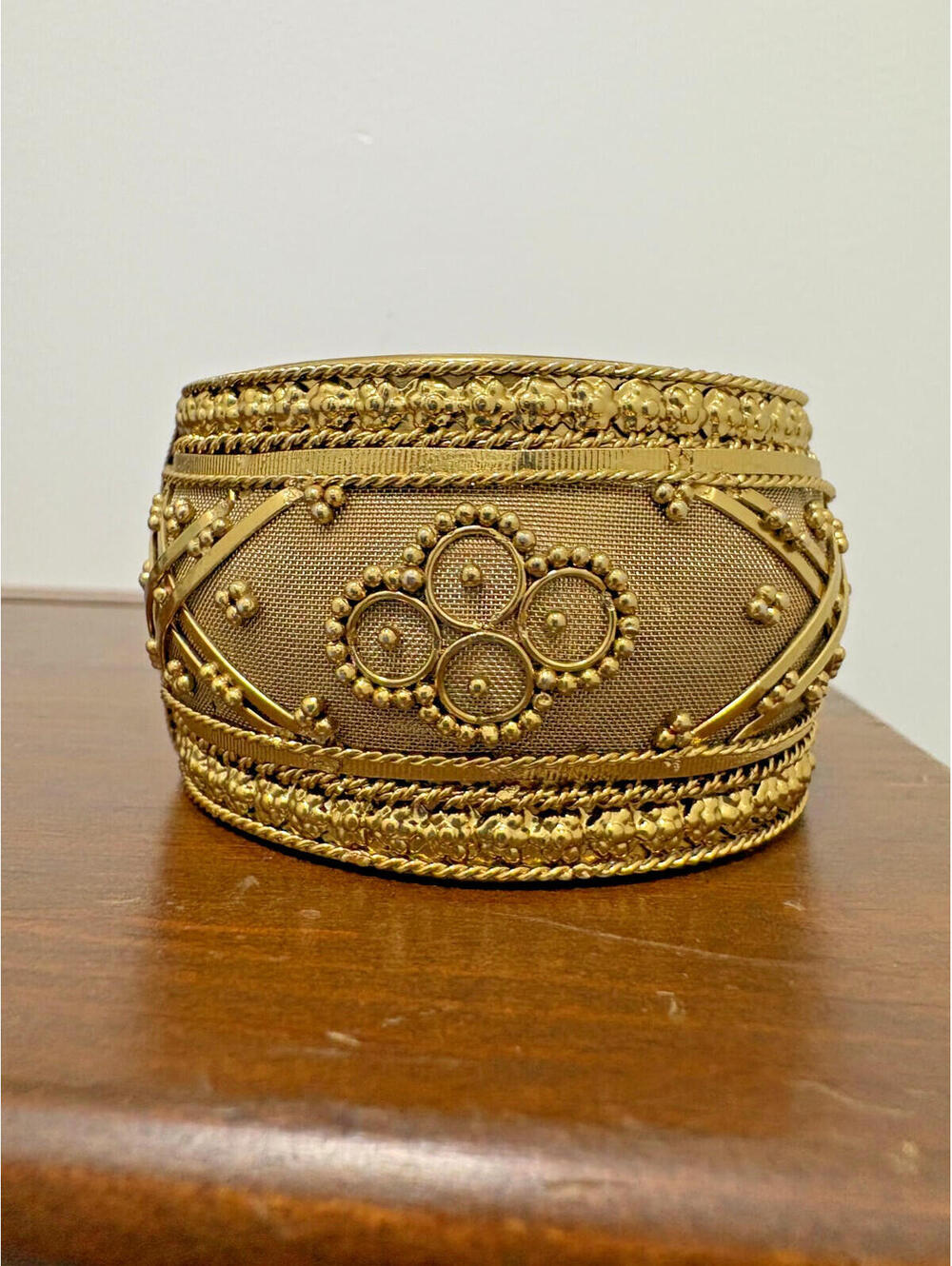 Gold Tone Wide Hinged Clamper Cuff Bracelet Mesh Ornate Design India